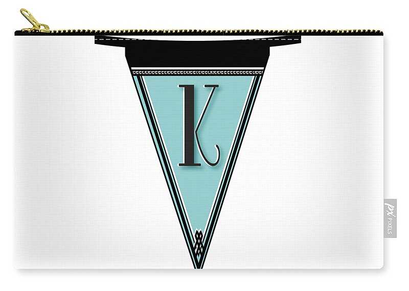 Banner Zip Pouch featuring the digital art Pennant Deco Blues Banner initial letter K by Cecely Bloom