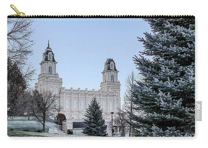 Blue Sky Zip Pouch featuring the photograph Manti Temple on Thanksgiving Morning by K Bradley Washburn