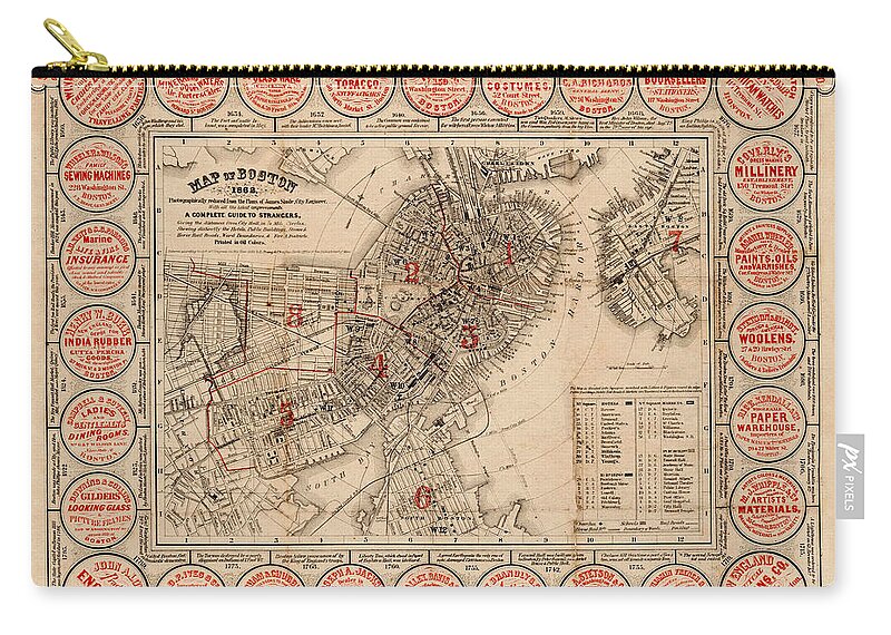 Map Of Boston Zip Pouch featuring the photograph Map Of Boston 1862 by Andrew Fare