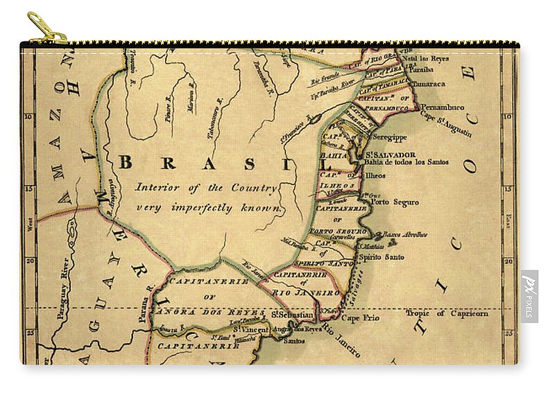 Map Of Brazil Zip Pouch featuring the photograph Map Of Brazil 1808 by Andrew Fare