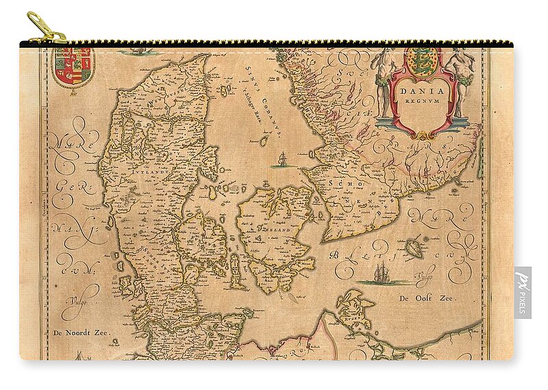 Map Of Denmark Zip Pouch featuring the photograph Map Of Denmark 1645 by Andrew Fare