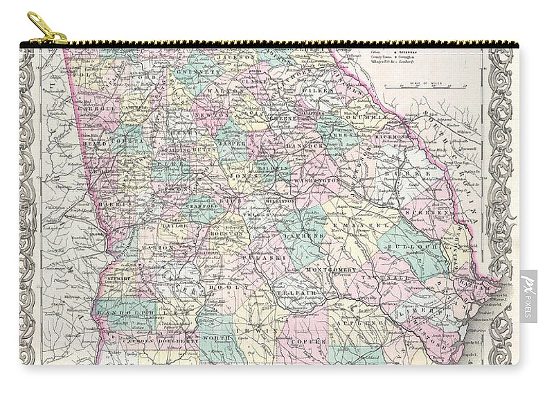 Joseph Hutchins Colton Zip Pouch featuring the drawing Map of Georgia by Joseph Hutchins Colton
