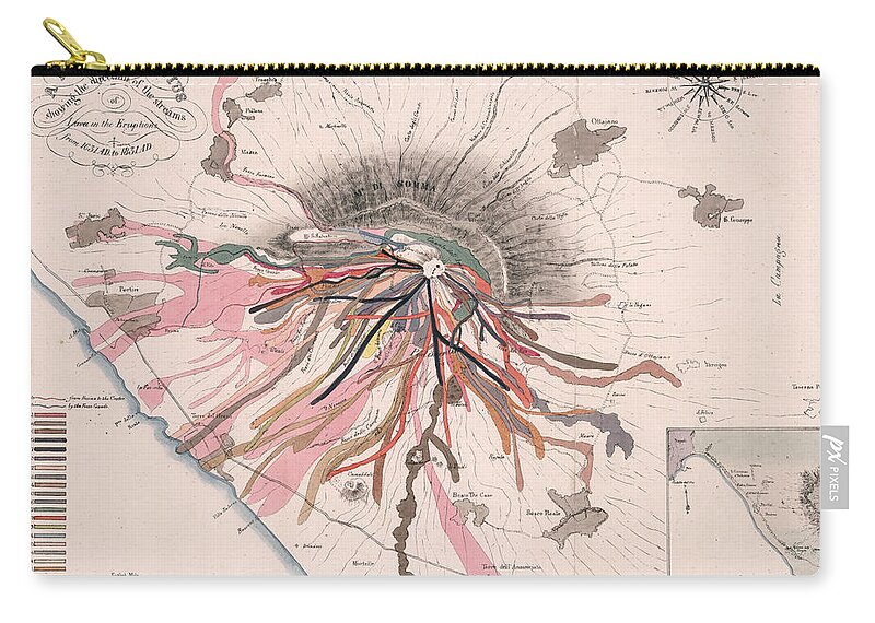 Antique Geological Map Zip Pouch featuring the drawing Map of Mount Vesuvius - Pompeii, Italy - Volcano - Antique Geological Map by Studio Grafiikka