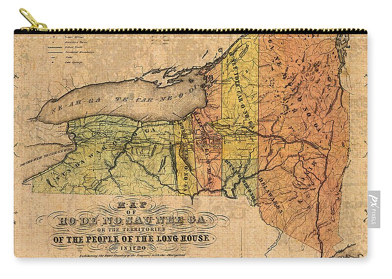 Map Zip Pouch featuring the mixed media Map of New York State Showing Original Indian Tribe Iroquois Landmarks and Territories Circa 1720 by Design Turnpike