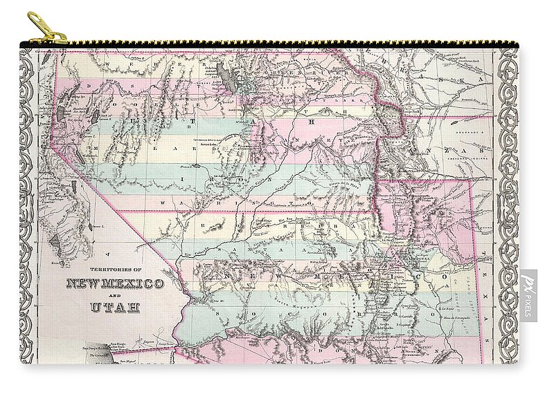 Joseph Hutchins Colton Zip Pouch featuring the drawing Map of Utah and New Mexico by Joseph Hutchins Colton