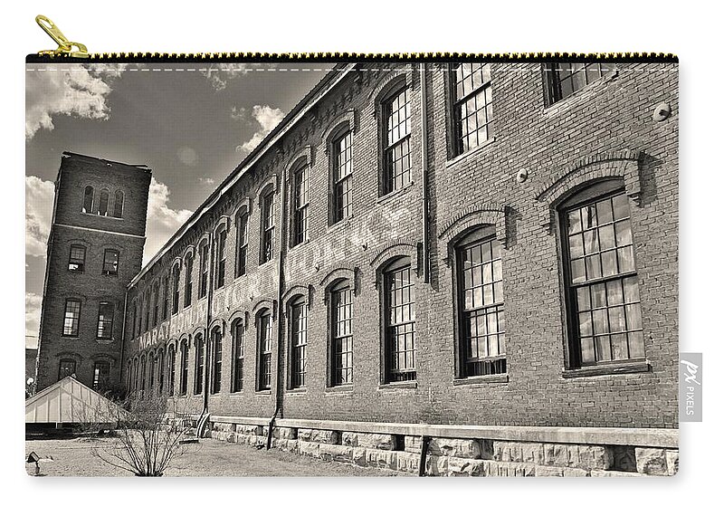 Marathon Motor Works Black And White Zip Pouch featuring the photograph Marathon Motor Works Black And White by Lisa Wooten