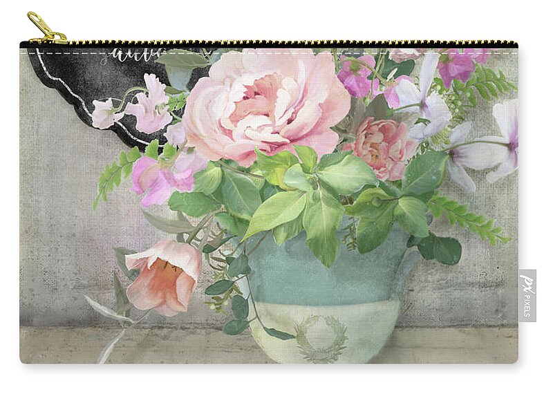 Marche Aux Fleurs Carry-all Pouch featuring the painting Marche aux Fleurs 3 Peony Tulips Sweet Peas Lavender and Bird by Audrey Jeanne Roberts