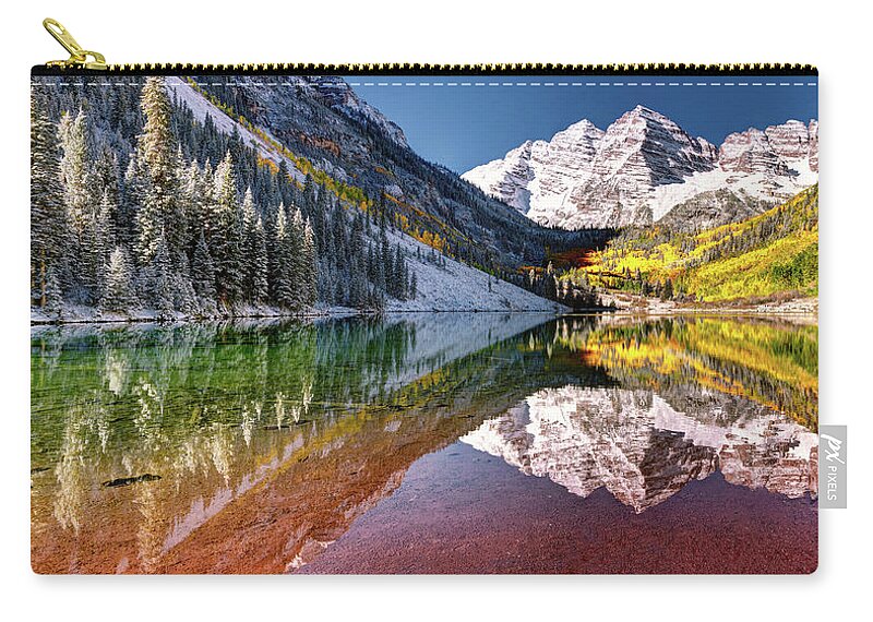 Olena Art Zip Pouch featuring the photograph Sunrise at Maroon Bells Lake Autumn Aspen Trees in The Rocky Mountains Near Aspen Colorado by Lena Owens - OLena Art Vibrant Palette Knife and Graphic Design