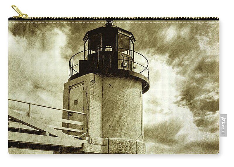 Marshall Point Lighthouse Zip Pouch featuring the photograph Marshall Point Lighthouse sepia distessed antique look by David Smith