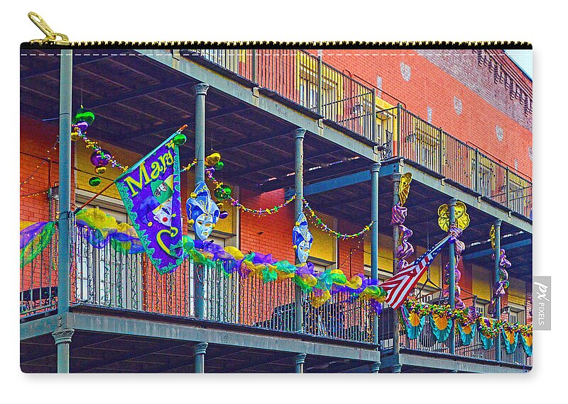 Alabama Zip Pouch featuring the photograph Mattress Factory Mardi Gras Railing in Mobile alabama by Michael Thomas
