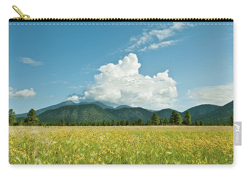 Arizona Zip Pouch featuring the photograph Meadow of Sunflowers and the San Francisco Peaks by Jeff Goulden