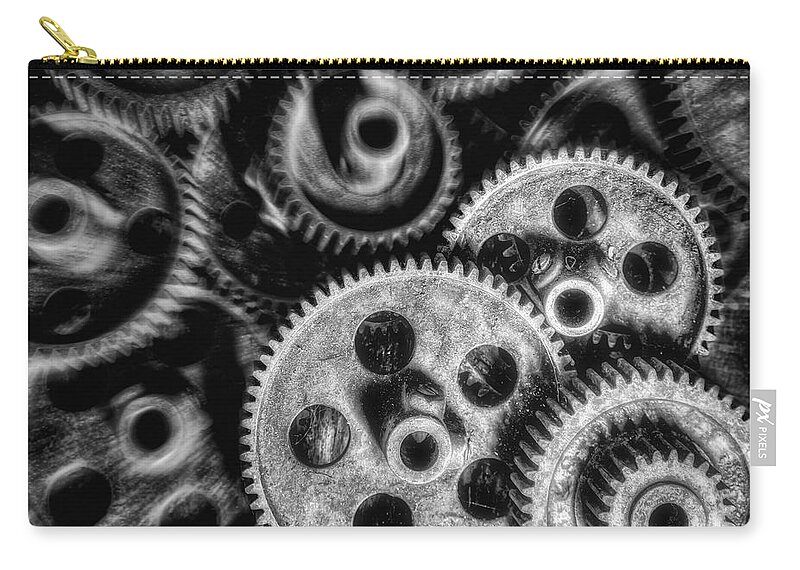 Gear Zip Pouch featuring the photograph Mechanical Gears BW by Susan Candelario