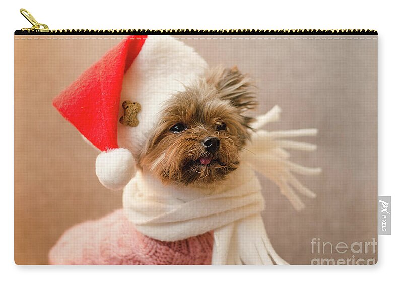 Yorkshere Terrier Zip Pouch featuring the photograph Melanie in Christmas Hat by Irina ArchAngelSkaya