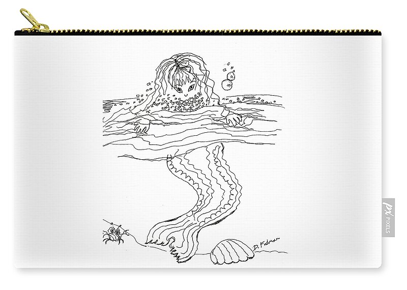 Mermaid Zip Pouch featuring the drawing Mermaid Bubblebath bw by Denise F Fulmer
