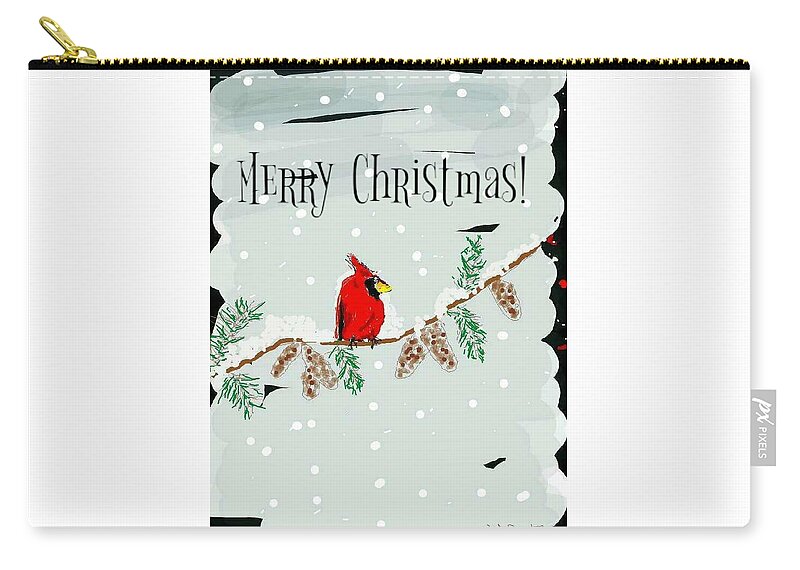 Cardinal Zip Pouch featuring the digital art Merry Christmas Cardinal by Kathy Barney