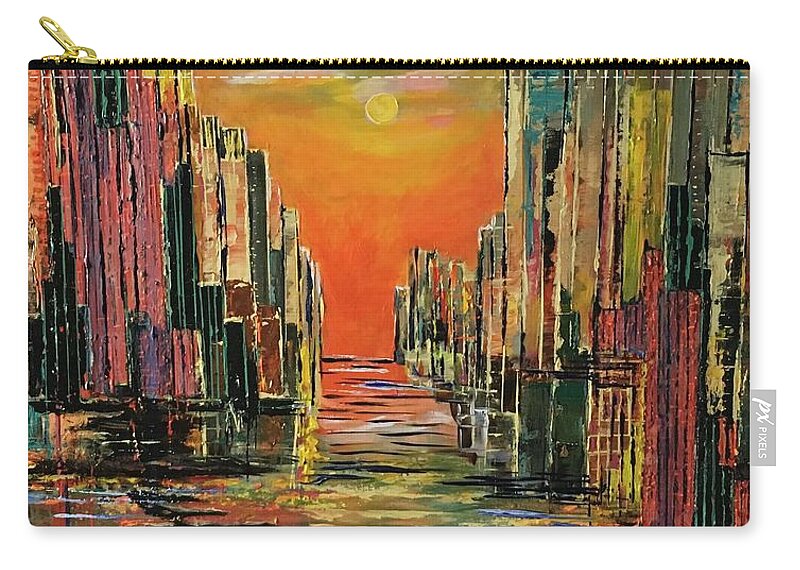 Modern Painting Zip Pouch featuring the painting Metal city by Maria Karlosak
