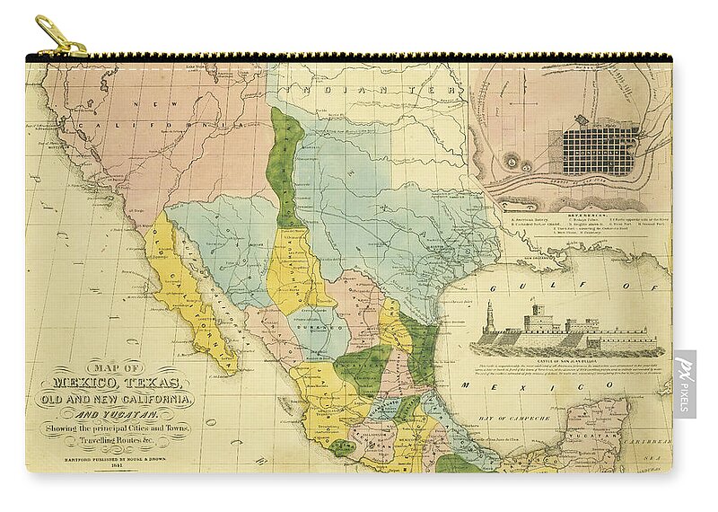 Map Zip Pouch featuring the digital art Mexico, Texas, Old and New California 1847 by Texas Map Store