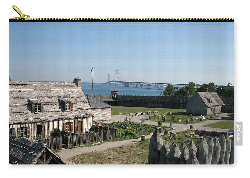 Colonial Michilmackinac Zip Pouch featuring the photograph Michilimackinac and Mackinac Bridge by Keith Stokes