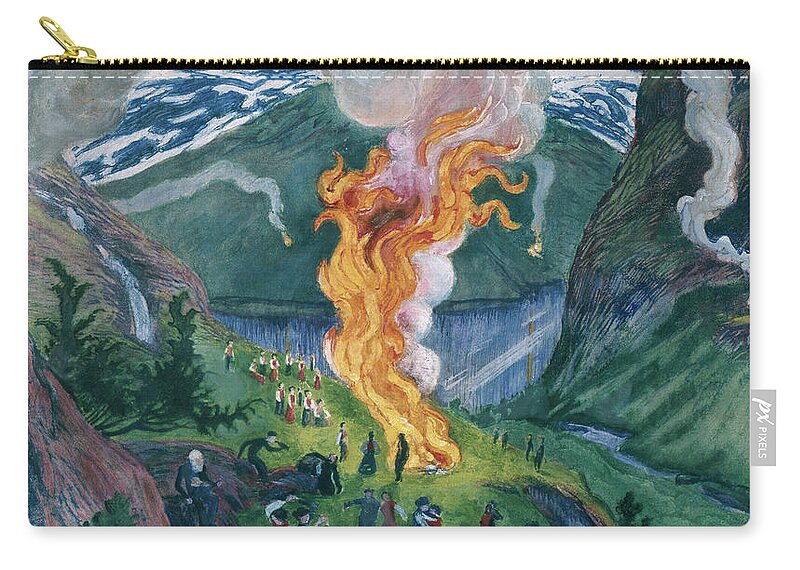 Nikolai Astrup Zip Pouch featuring the painting Midsummer fire by O Vaering