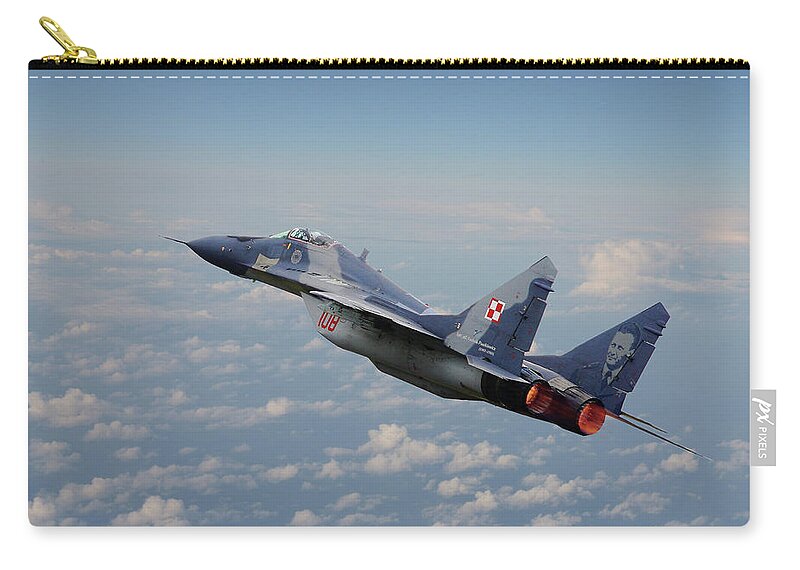 Aircraft Zip Pouch featuring the digital art Mig 29 - Polish Fulcrum Dedication by Pat Speirs