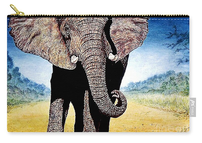 Elephant Zip Pouch featuring the painting Mighty Elephant by Hartmut Jager