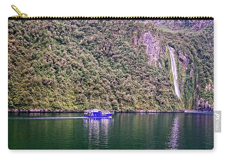 Milford Sound Zip Pouch featuring the photograph Milford Sound Waterfall by Catherine Reading