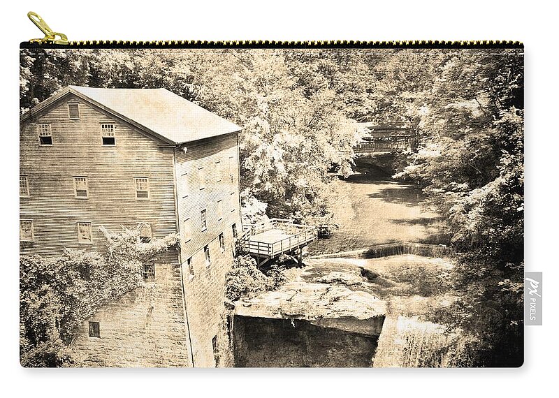Mill Creek Metro Park Lantermans Mill And Covered Bridge Black And White Mill Waterfall Landscape Landmark Metropolitan Park Youngstown Oh Ohio Mill Creek Creek Boardman Township East Gorge Walk West Gorge Green Brown White Zip Pouch featuring the photograph Mill Creek Park Lantermans Mill And Covered Bridge Black And White by Lisa Wooten