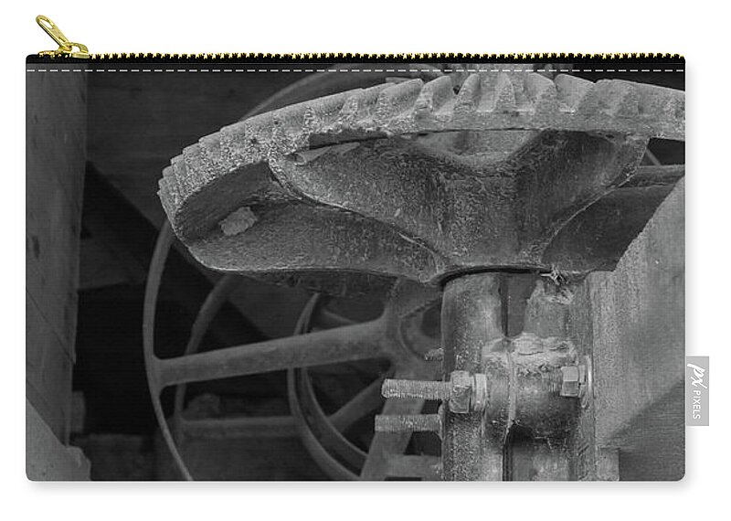 Gears Zip Pouch featuring the photograph Mill Gears Grayscale by Jennifer White