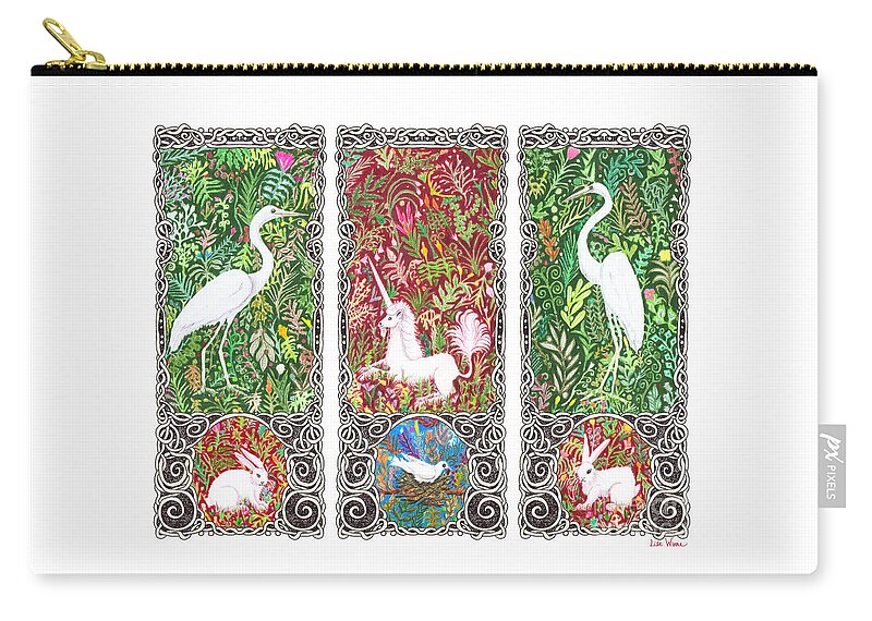 Lise Winne Zip Pouch featuring the drawing Millefleurs Triptych with Unicorn, Cranes, Rabbits and Dove by Lise Winne