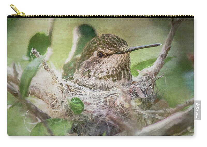 Bird Zip Pouch featuring the mixed media Minding the Nest by Teresa Wilson