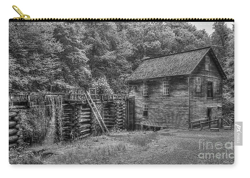 Reid Callaway Historic Mingus Mil Artl Zip Pouch featuring the photograph Mingus Mill Black and White Mingus Creek Great Smoky Mountains Art by Reid Callaway