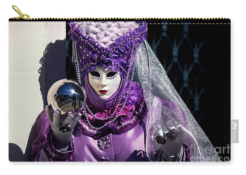 Carnevale Zip Pouch featuring the photograph Mirror globe and Violet Mask by Riccardo Mottola