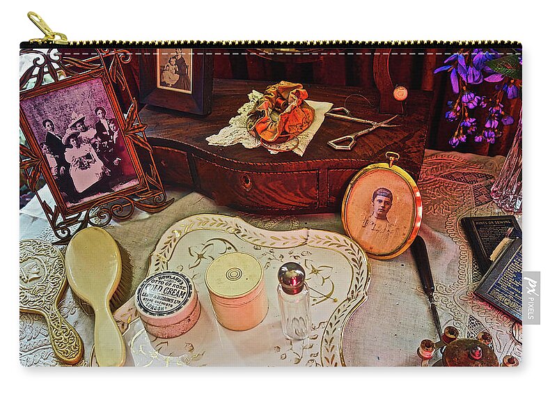 Antique Table With Framed Family Photo Of Joseph Shipley Family.victorian Painting Zip Pouch featuring the photograph Miss Mary's Table. by Joan Reese