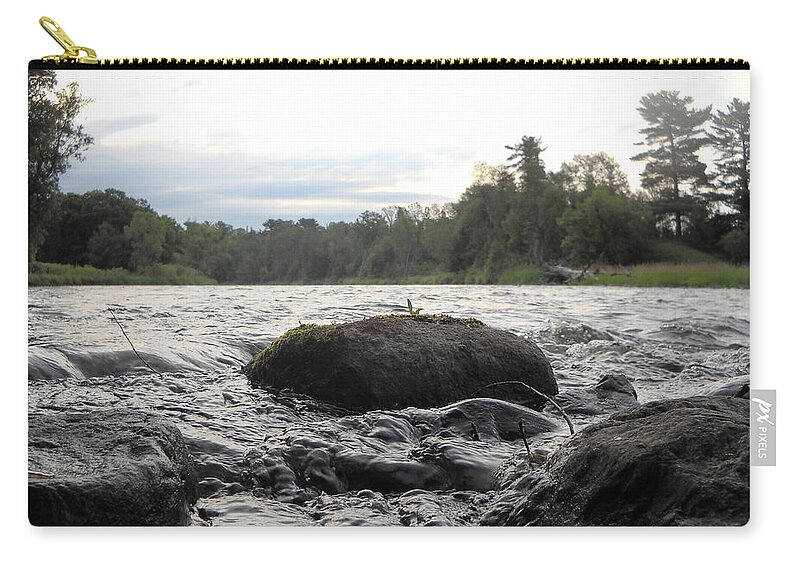 Mississippi River Zip Pouch featuring the photograph Mississippi river rocks at dawn by Kent Lorentzen