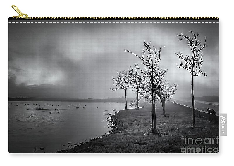 Dslr Zip Pouch featuring the photograph Mist over the tarn - monochrome by Mariusz Talarek