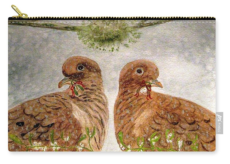 Turtle Doves Zip Pouch featuring the painting Mistletoe Magic by Angela Davies
