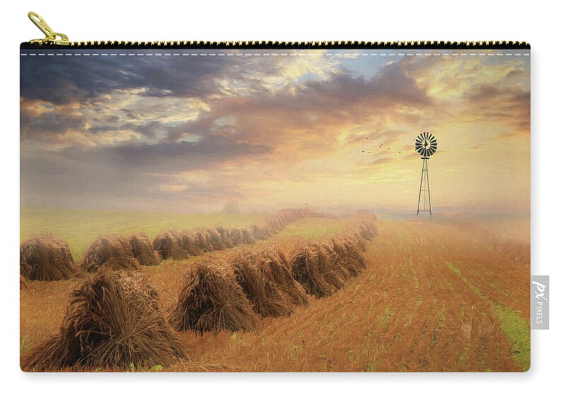 Windmill Zip Pouch featuring the photograph Misty Amish Sunrise by Lori Deiter