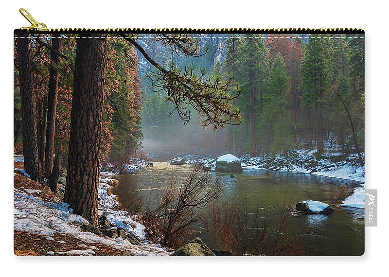 Merced River Zip Pouch featuring the photograph Misty Morning at Merced River by Roberta Kayne