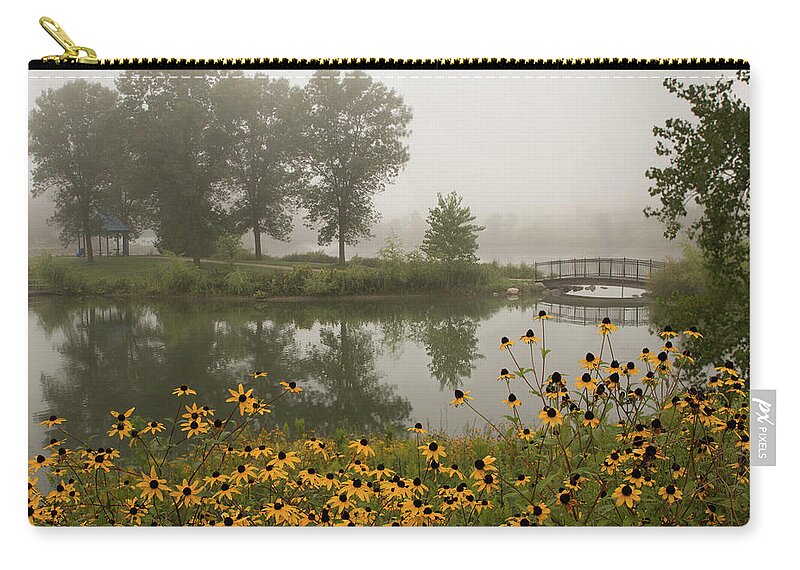 Fog Zip Pouch featuring the photograph Misty Pond Bridge Reflection #3 by Patti Deters