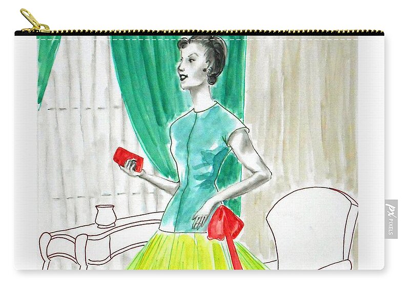 Model Zip Pouch featuring the painting Model-Year 1955 -- Illustration of 1950's Fashion by Jayne Somogy