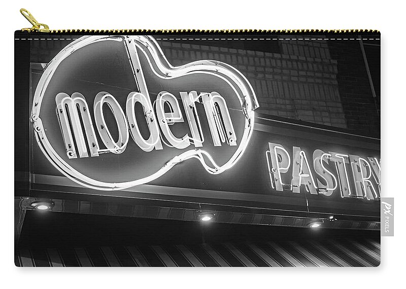 Modern Zip Pouch featuring the photograph Modern Pastry Shop Boston MA North End Hanover Street Neon Sign Black and White by Toby McGuire