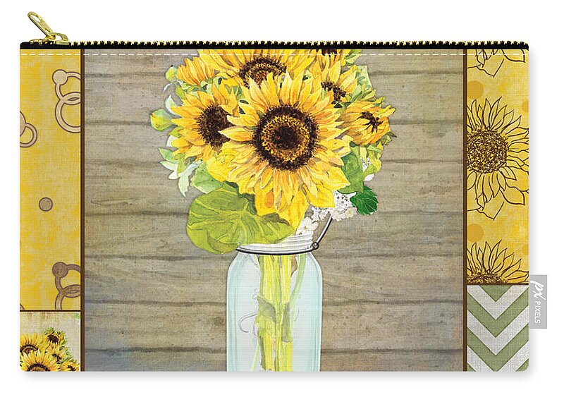 Modern Carry-all Pouch featuring the painting Modern Rustic Country Sunflowers in Mason Jar by Audrey Jeanne Roberts