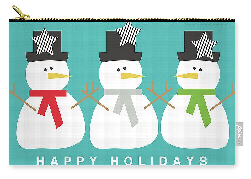 Snowman Zip Pouch featuring the digital art Modern Snowmen Happy Holidays- Art by Linda Woods by Linda Woods