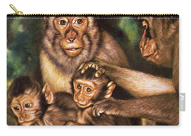 Monkey Family Zip Pouch featuring the painting Monkey family by David Nockels