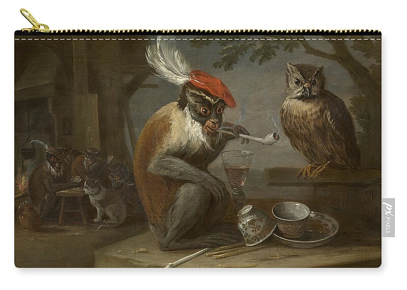 17th Century Art Zip Pouch featuring the photograph Monkey Trick by David Teniers the Younger