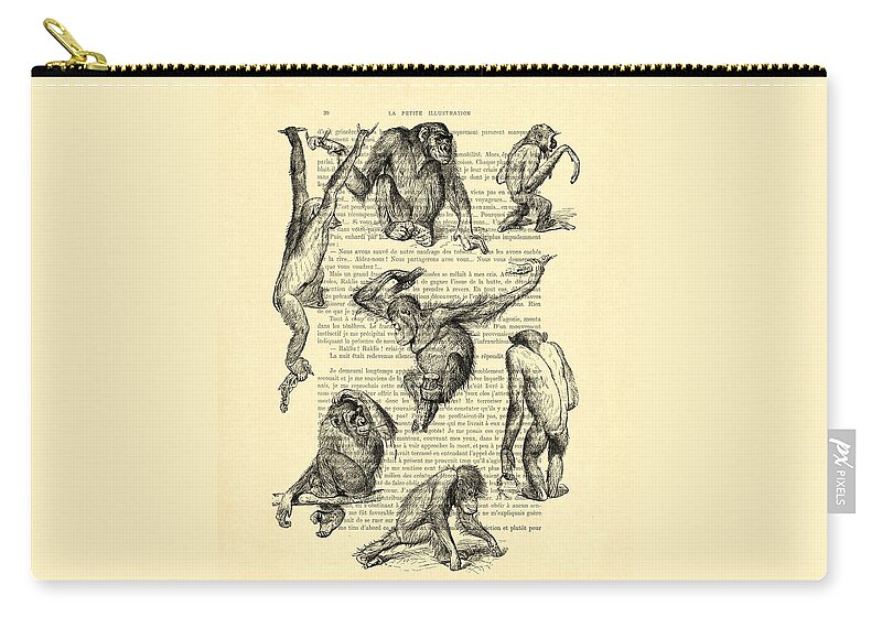 Monkeys Zip Pouch featuring the digital art Monkeys black and white illustration by Madame Memento