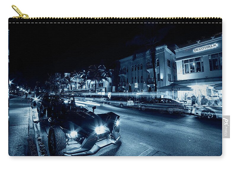 Miami Zip Pouch featuring the photograph Monochrome Blue Nights Ocean Ave at Night Miami Florida Art Deco by Toby McGuire