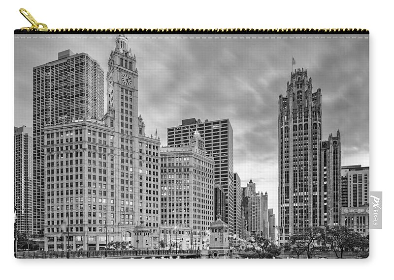 City Zip Pouch featuring the photograph Monochrome Wrigley and Chicago Tribune Buildings - Michigan Avenue Dusable Bridge Chicago Illinois by Silvio Ligutti