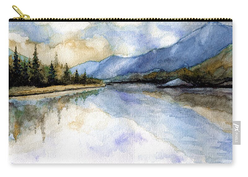 Landscape Zip Pouch featuring the painting Montain Lake landscape by Alban Dizdari
