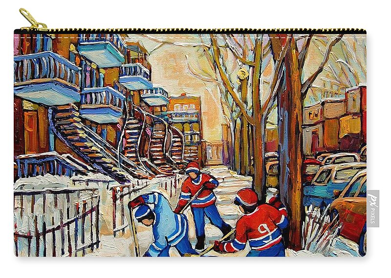 Montreal Hockey Game With 3 Boys Zip Pouch featuring the painting Montreal Hockey Game With 3 Boys by Carole Spandau